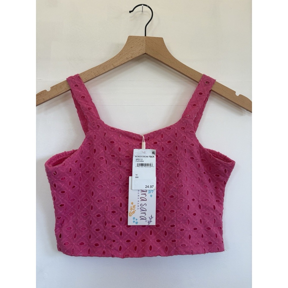 NWT Sara Sara Fuchsia Pink Eyelet Lace Crop Top Coquette 14 BOHO sun-kissed
